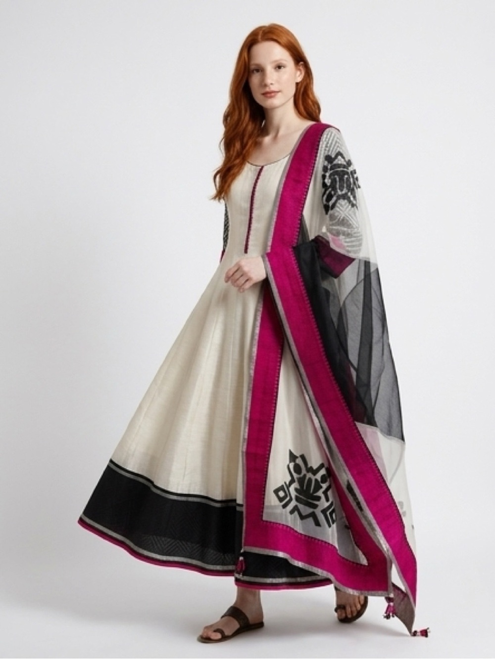 Ivory Anarkali with Hot Pink & Black Trim